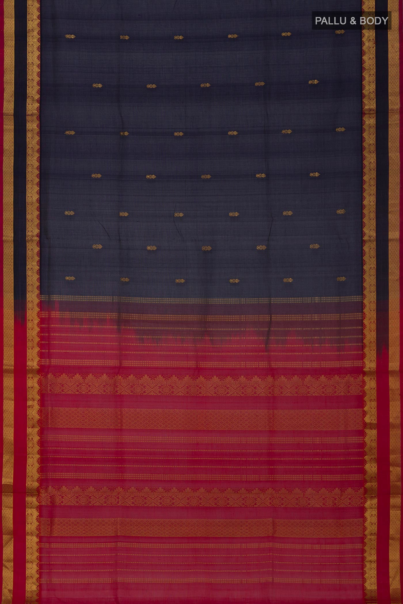 Flat view of Navy Blue Silk Cotton Saree with Zari Butta on the body and Zari Border. 