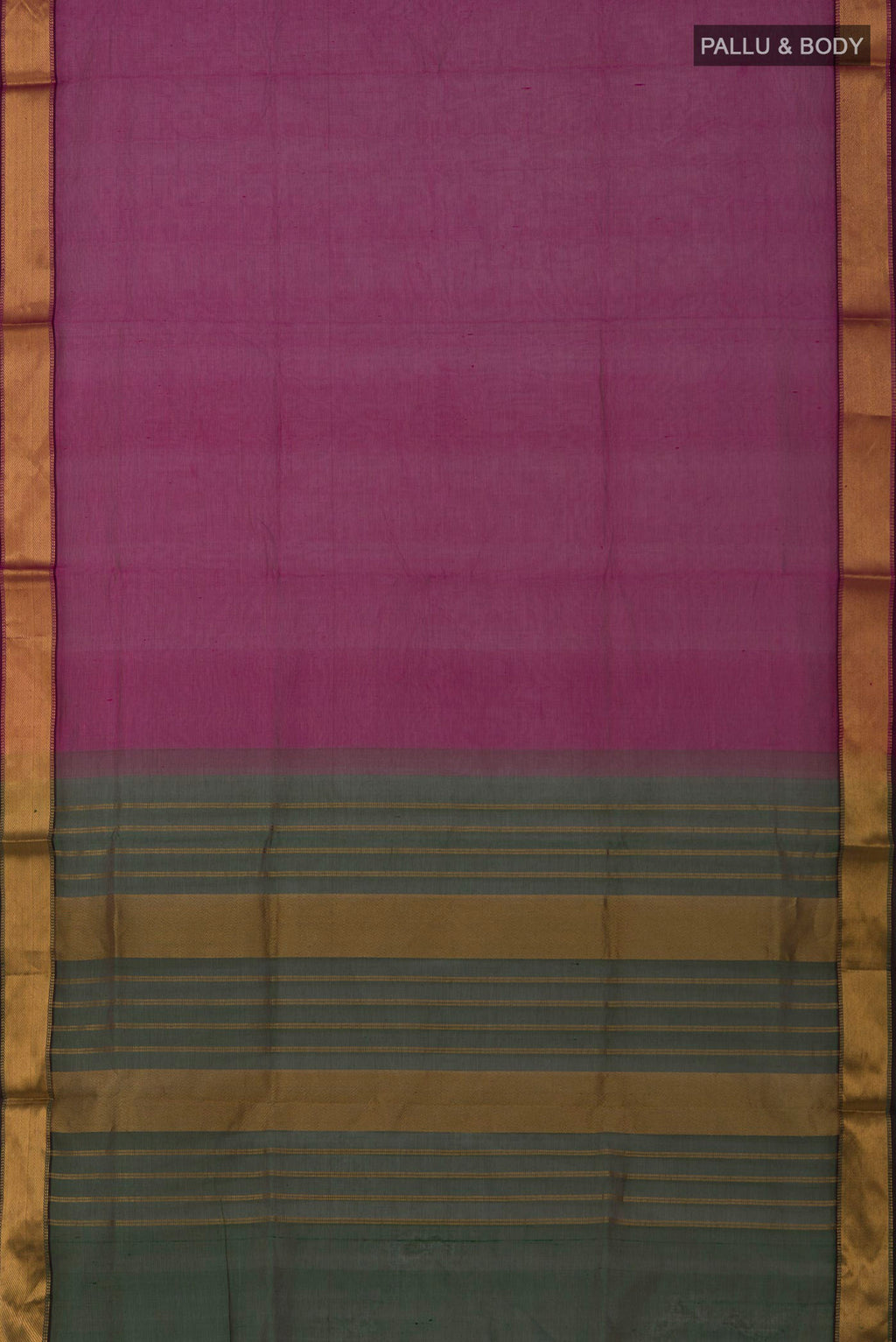 Flat view of Magenta Coimbatore Silk Cotton Saree with Stripes on the body and Zari Border. 