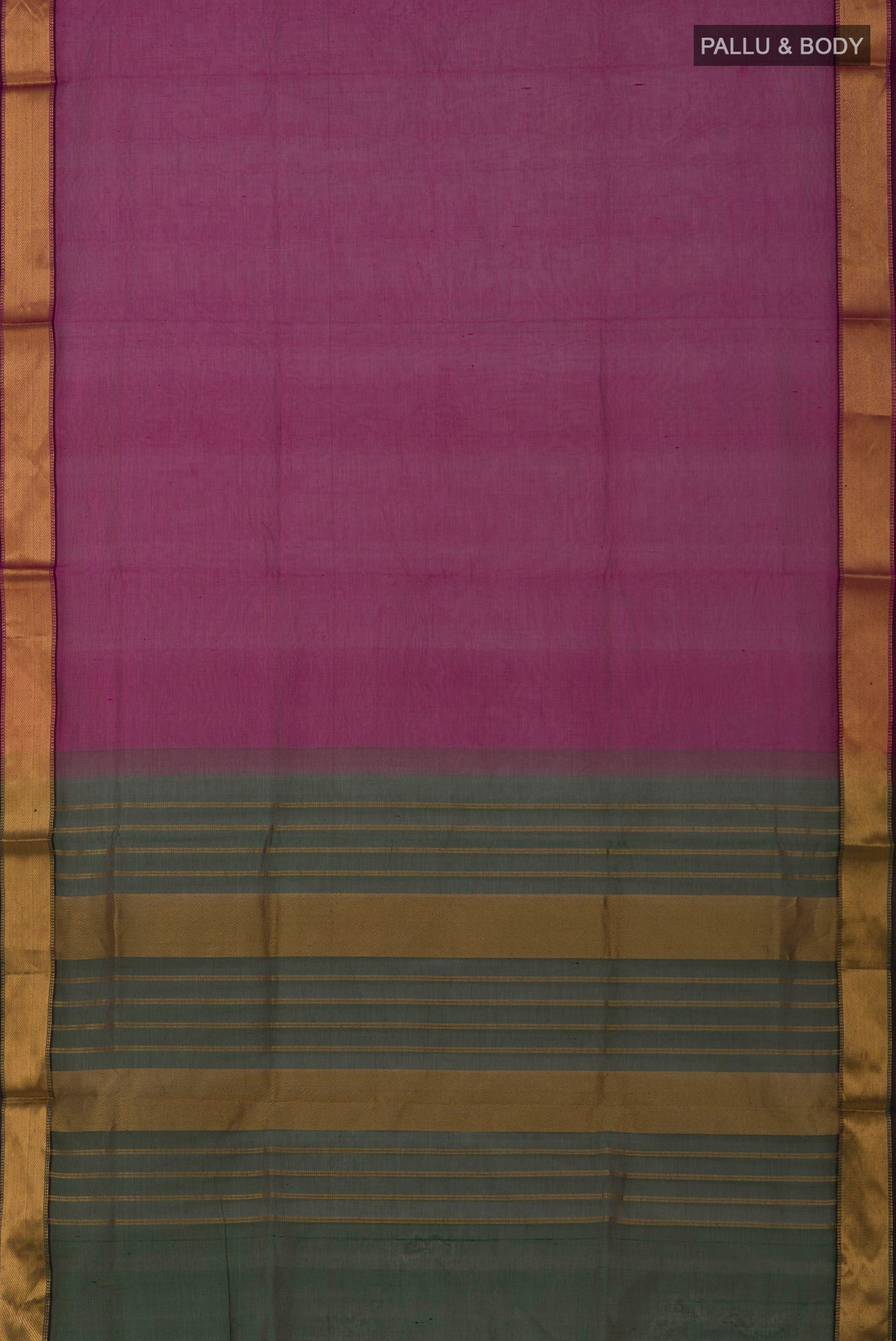 Flat view of Magenta Coimbatore Silk Cotton Saree with Stripes on the body and Zari Border. 
