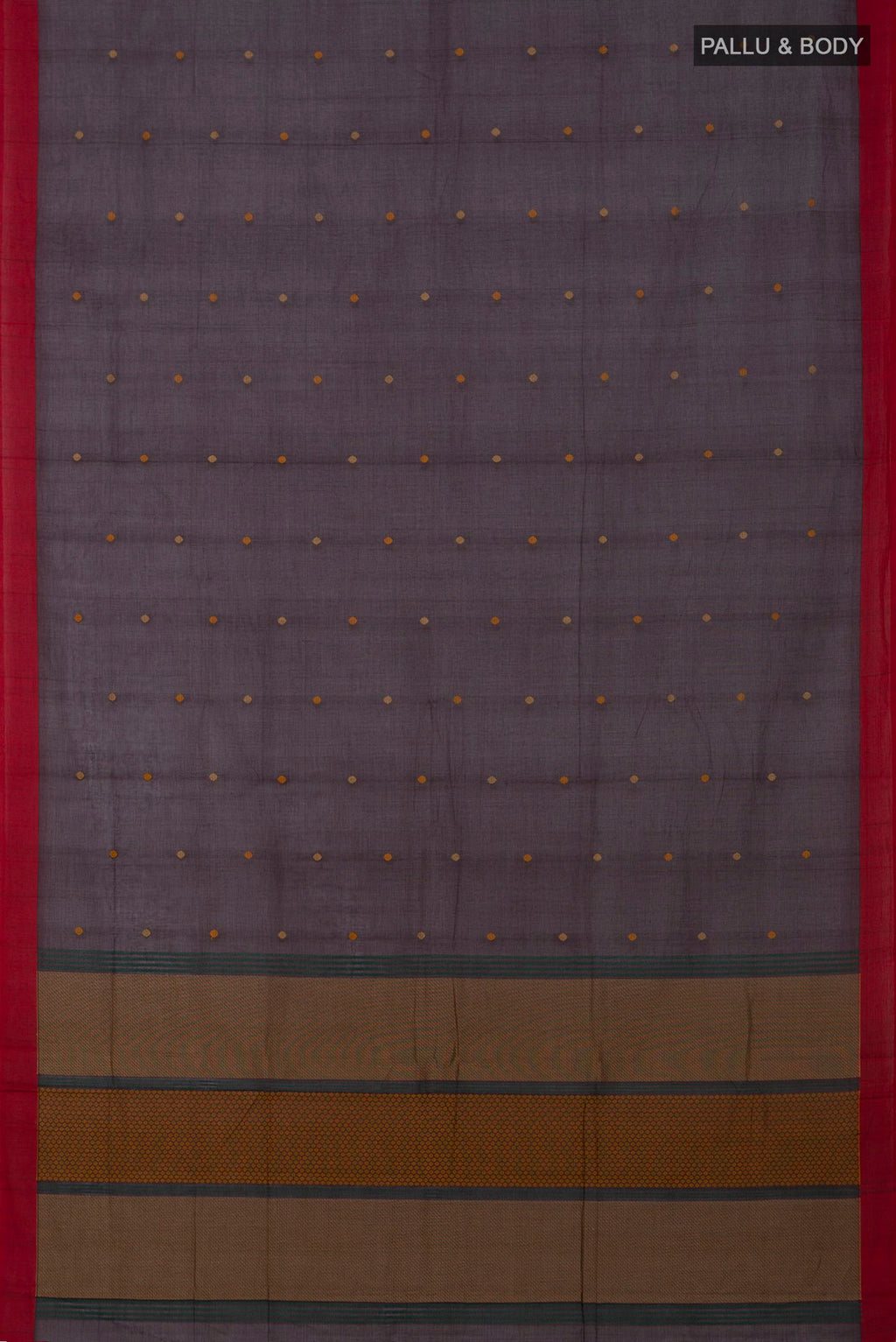 Flat view of Brown Kanchi Cotton Saree with Thread Butta on the body and Plain Border. 
