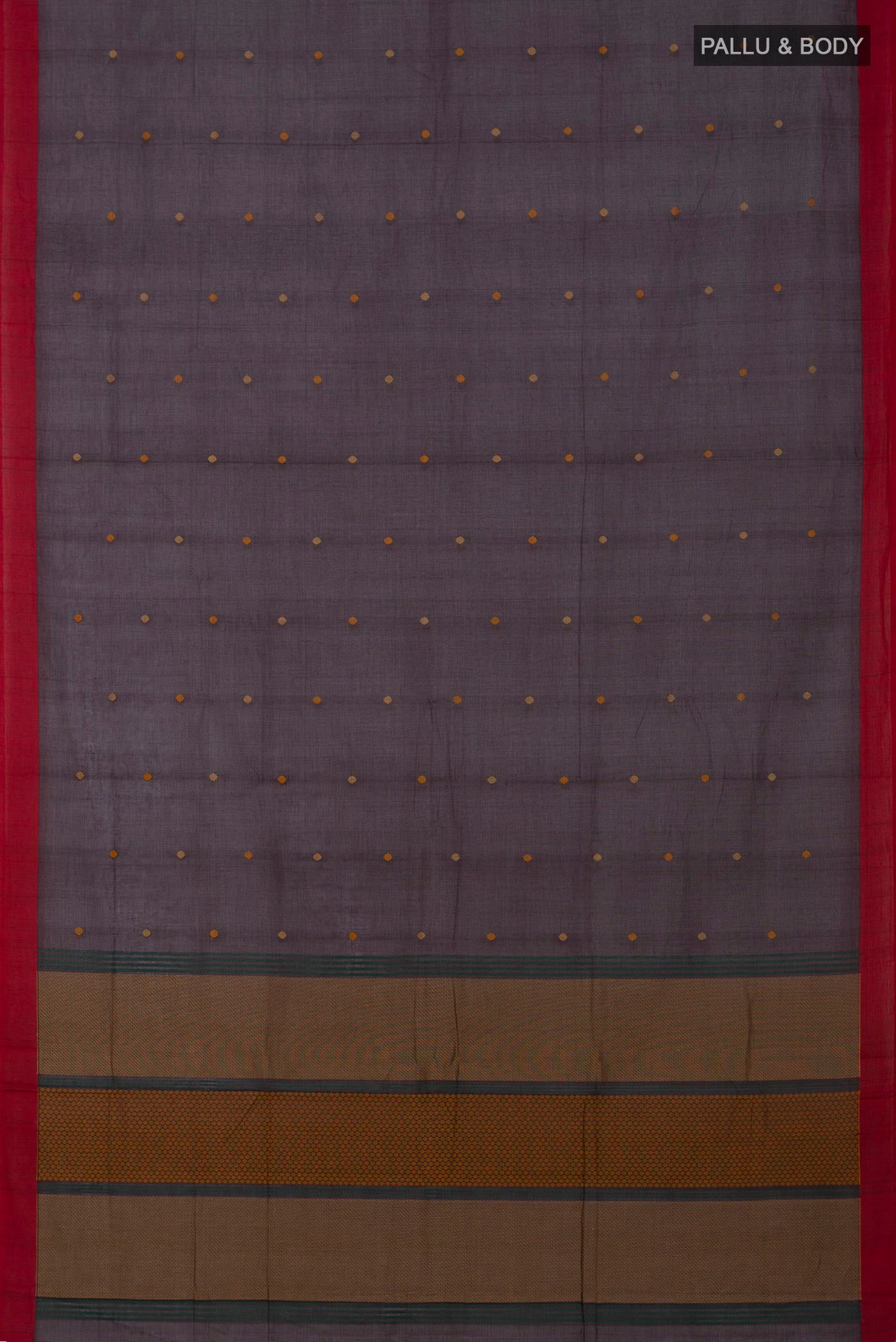Flat view of Brown Kanchi Cotton Saree with Thread Butta on the body and Plain Border. 