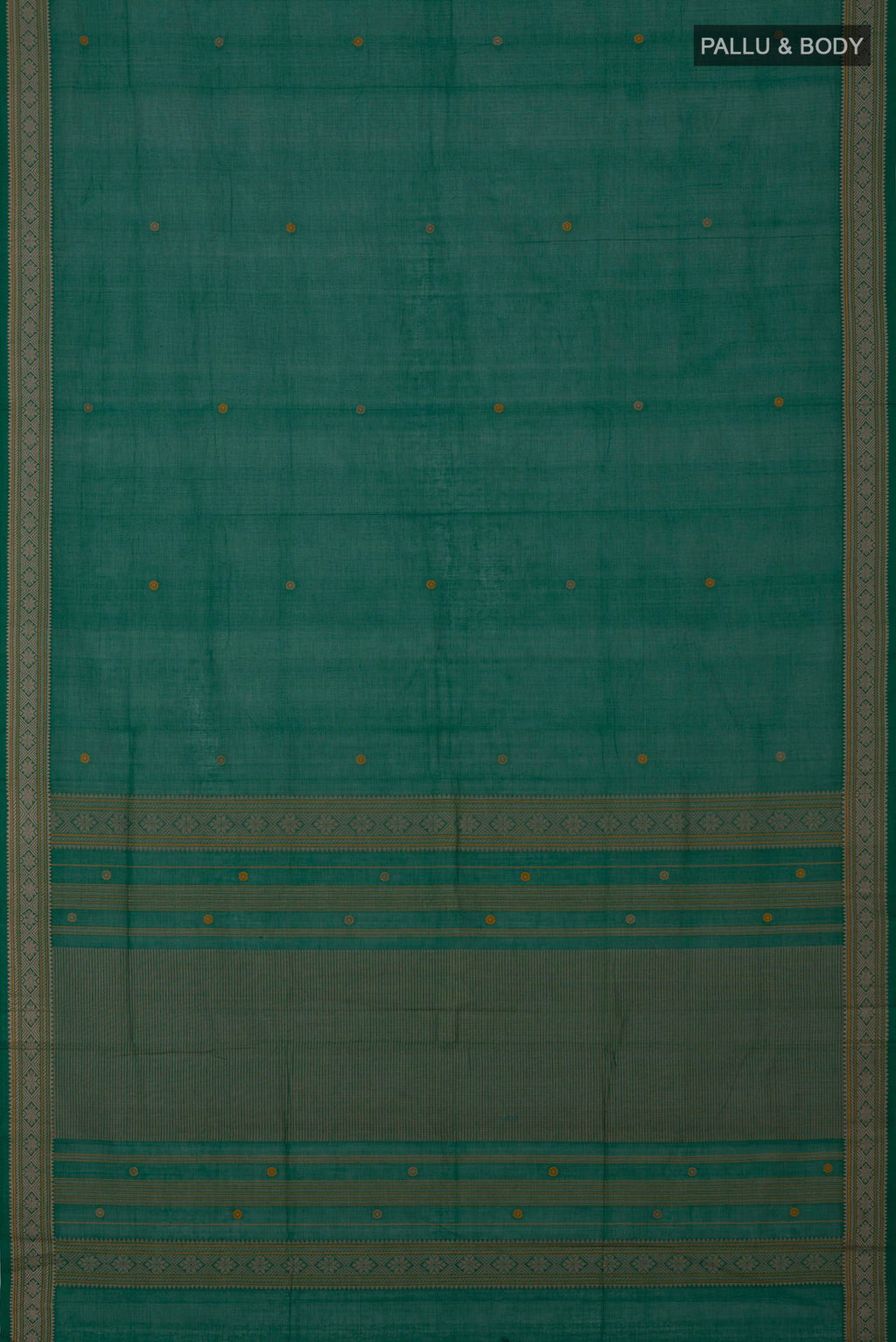Flat view of Green Kanchi Cotton Saree with Thread Butta on the body and Thread Border. 