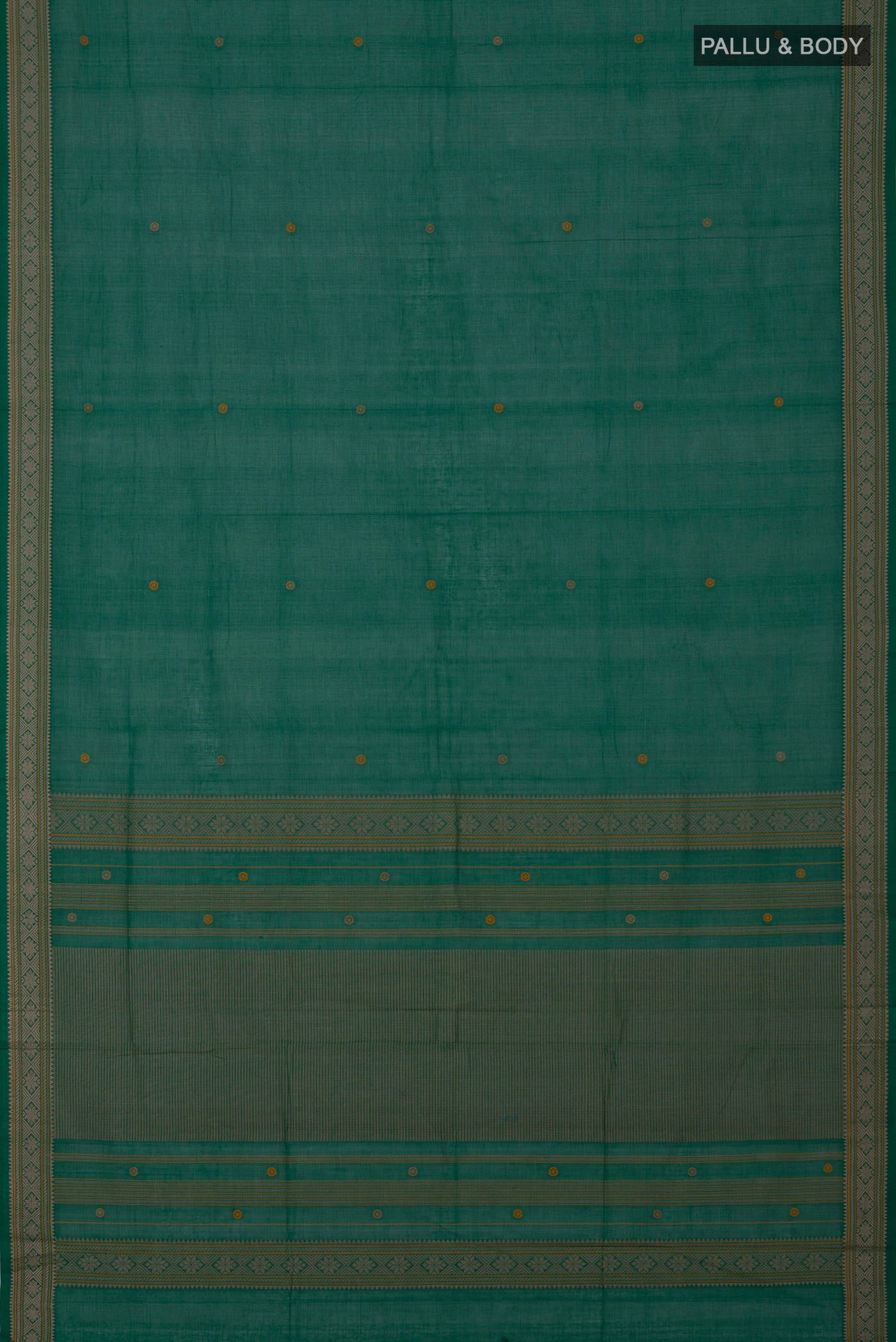Flat view of Green Kanchi Cotton Saree with Thread Butta on the body and Thread Border. 