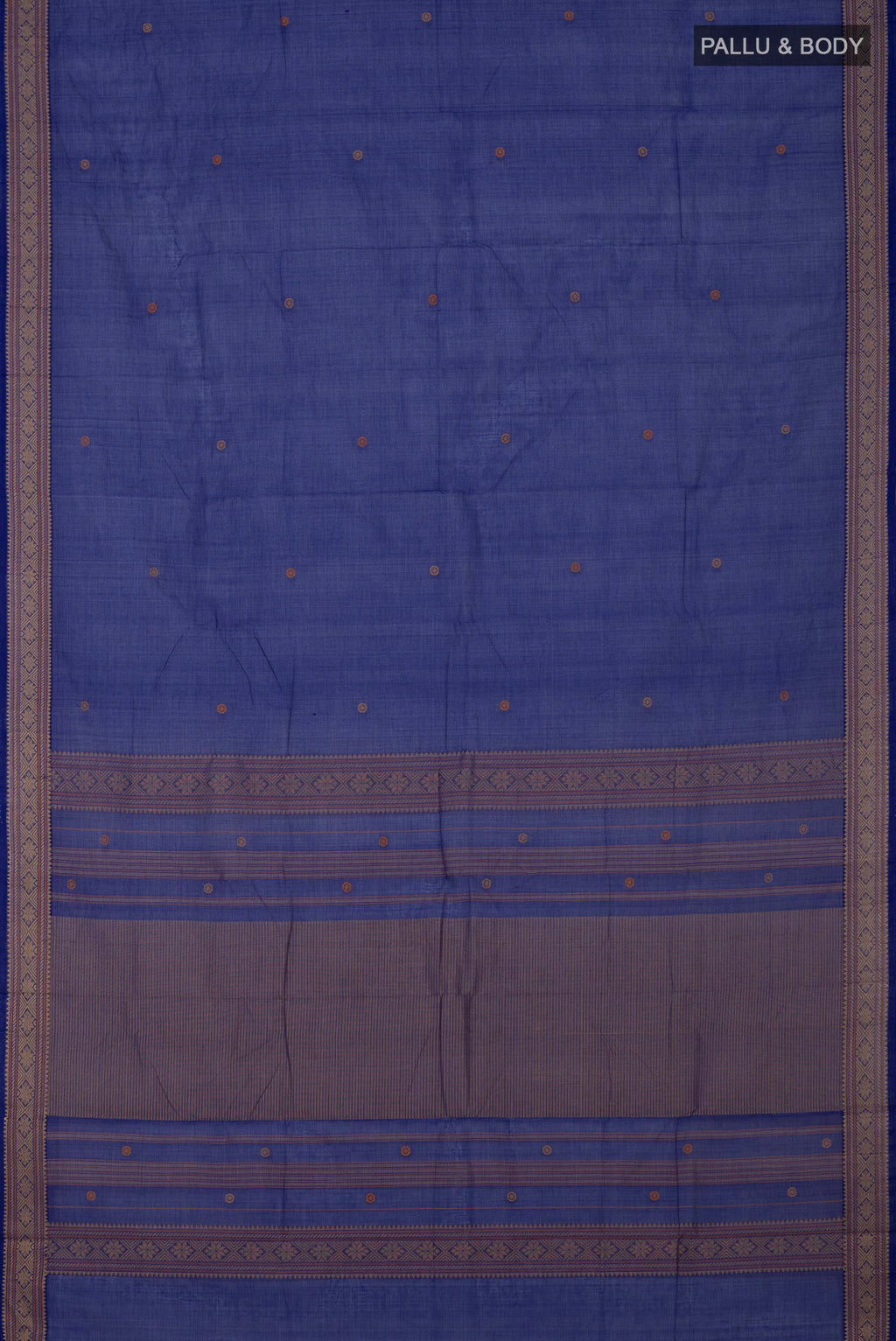 Flat view of Blue Kanchi Cotton Saree with Thread Butta on the body and Thread Border. 