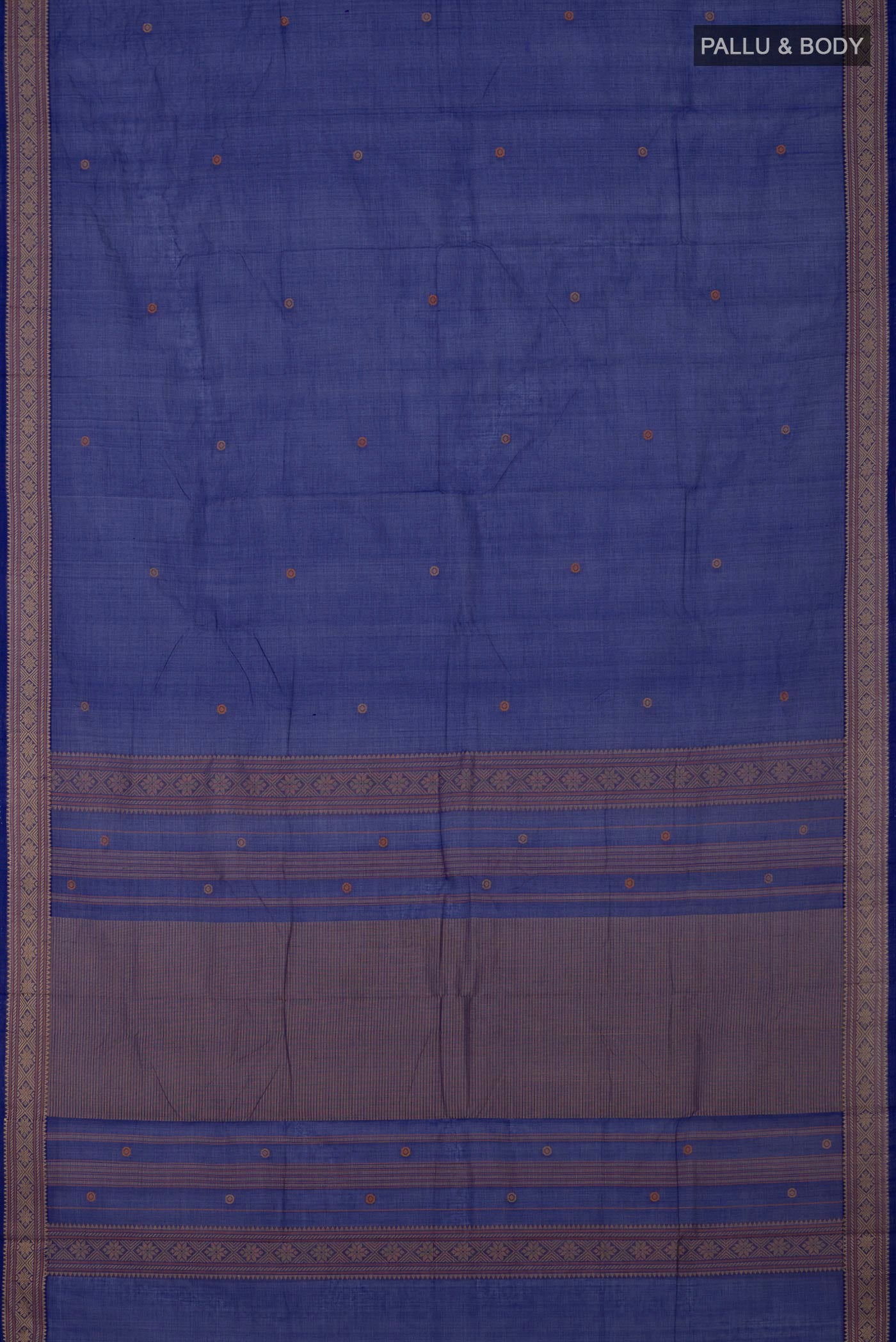 Flat view of Blue Kanchi Cotton Saree with Thread Butta on the body and Thread Border. 