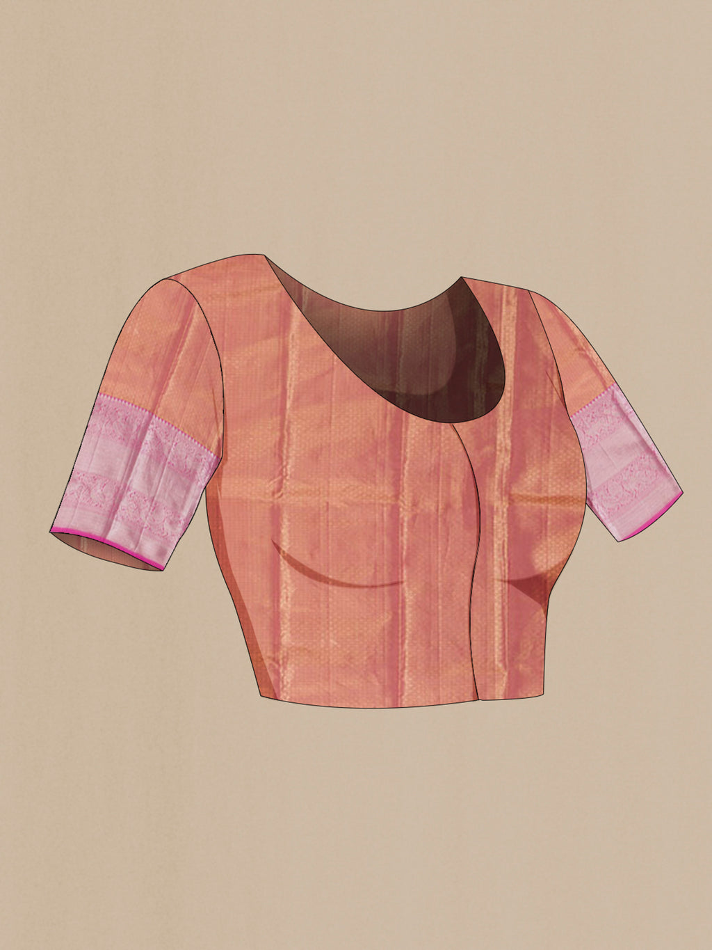 Close up image of the blouse of Golden Peach Kanchipuram Silk Saree with Zari Brocade on the body and Zari Border. 