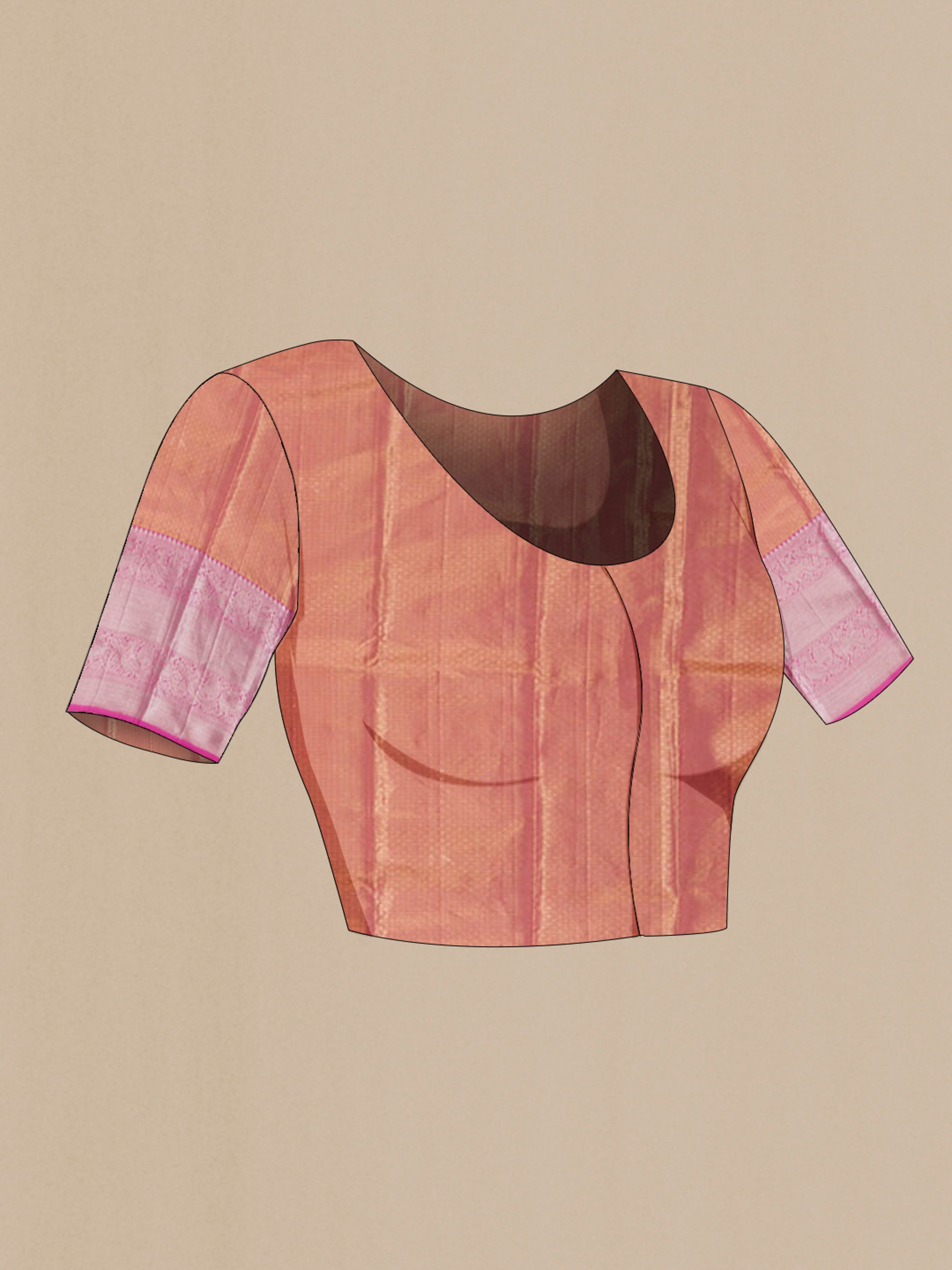 Close up image of the blouse of Golden Peach Kanchipuram Silk Saree with Zari Brocade on the body and Zari Border. 