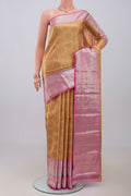 Golden Peach Kanchipuram Silk Saree with Zari Brocade on the body and Zari Border.  displayed on a mannequin