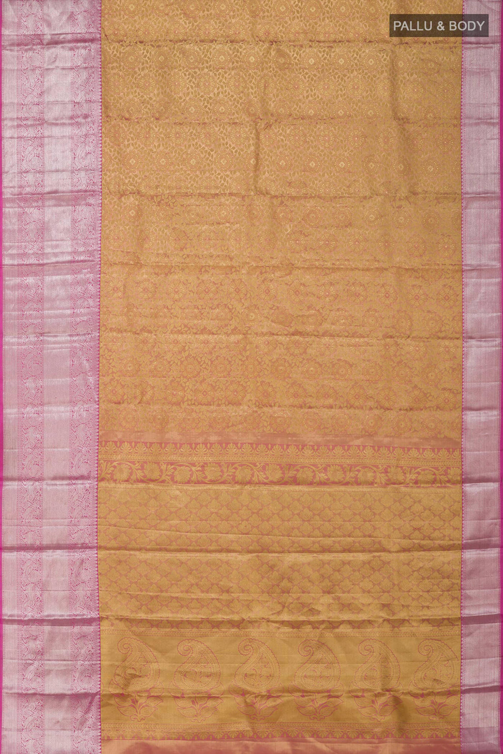 Flat view of Golden Peach Kanchipuram Silk Saree with Zari Brocade on the body and Zari Border. 