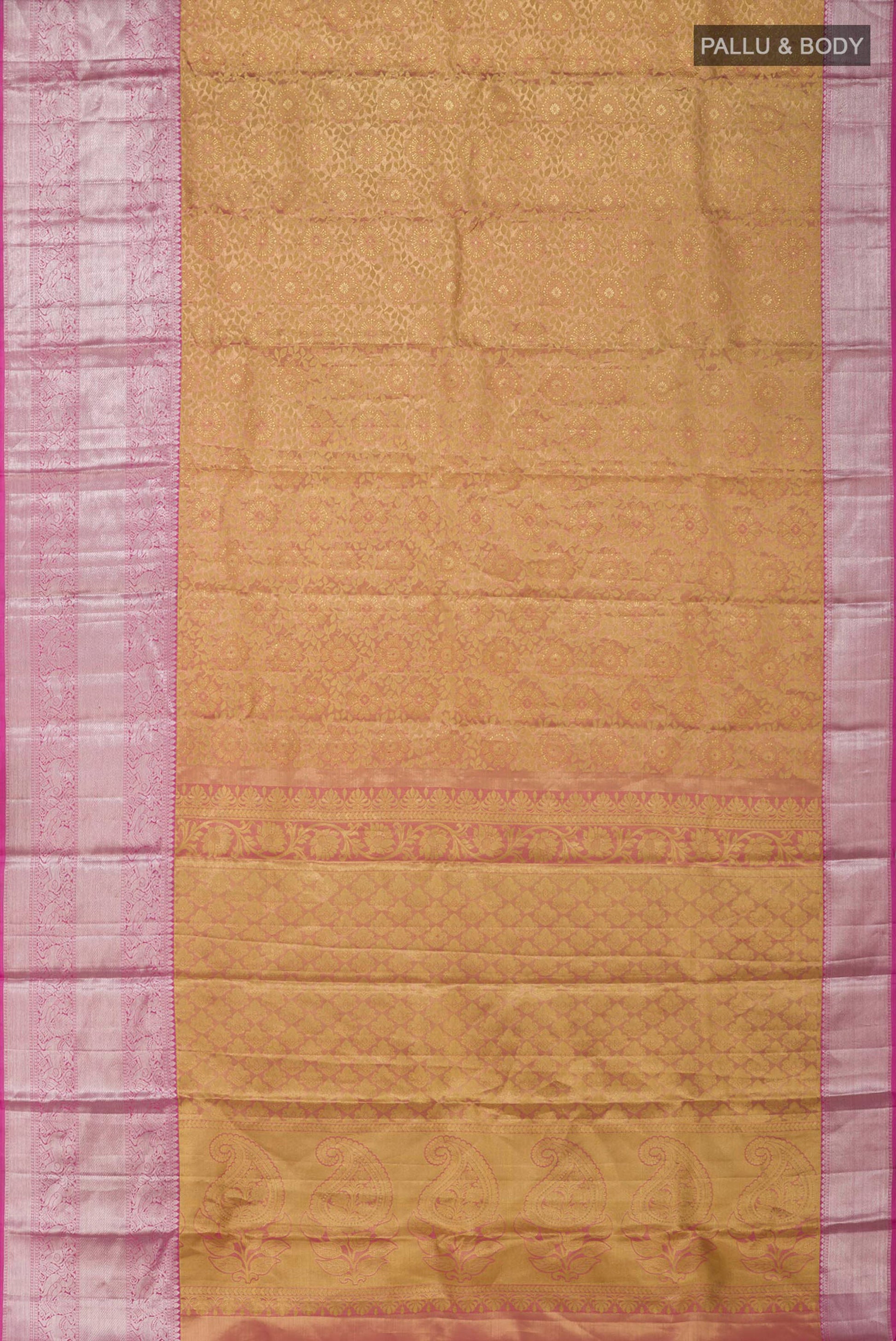 Flat view of Golden Peach Kanchipuram Silk Saree with Zari Brocade on the body and Zari Border. 