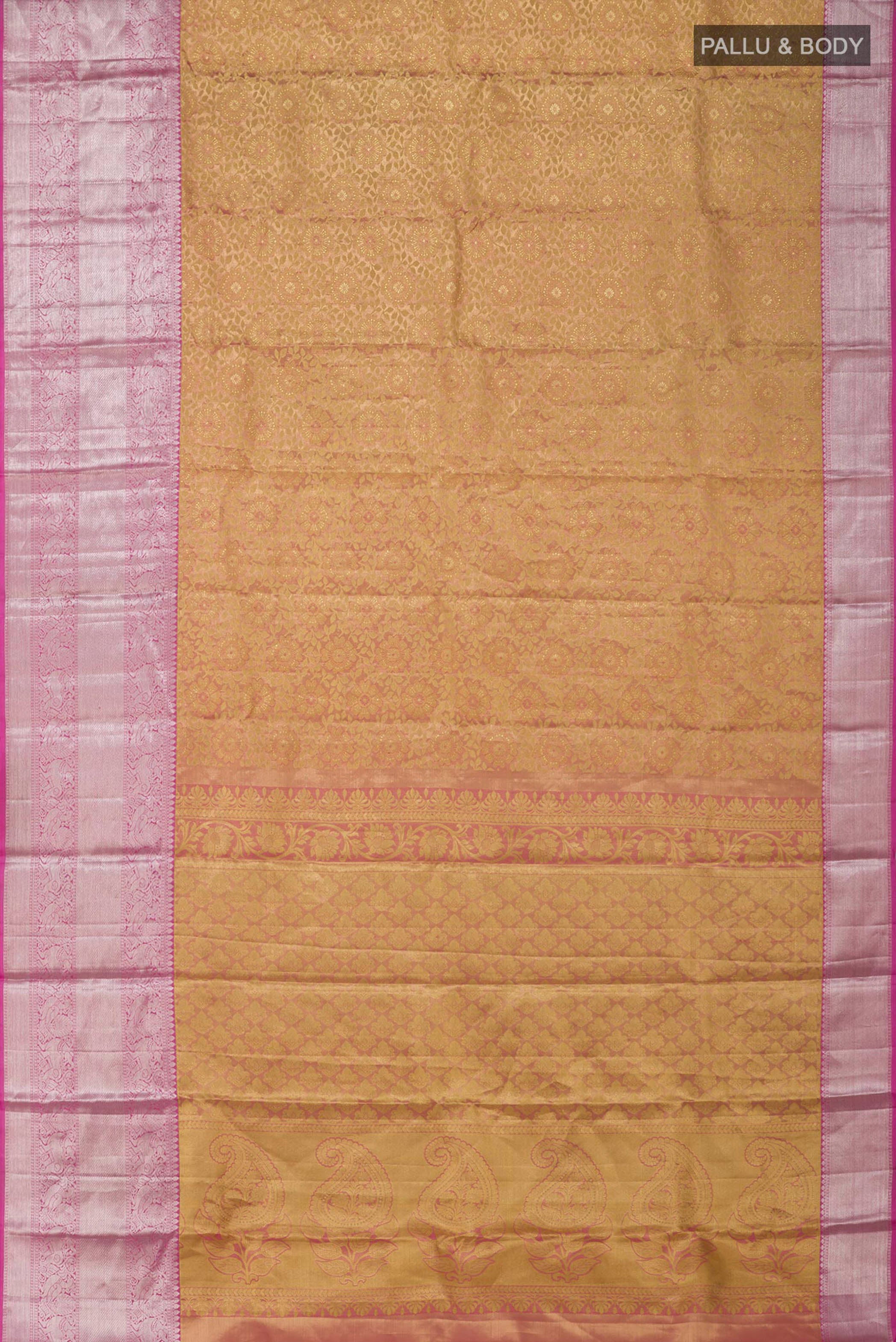 Flat view of Golden Peach Kanchipuram Silk Saree with Zari Brocade on the body and Zari Border. 