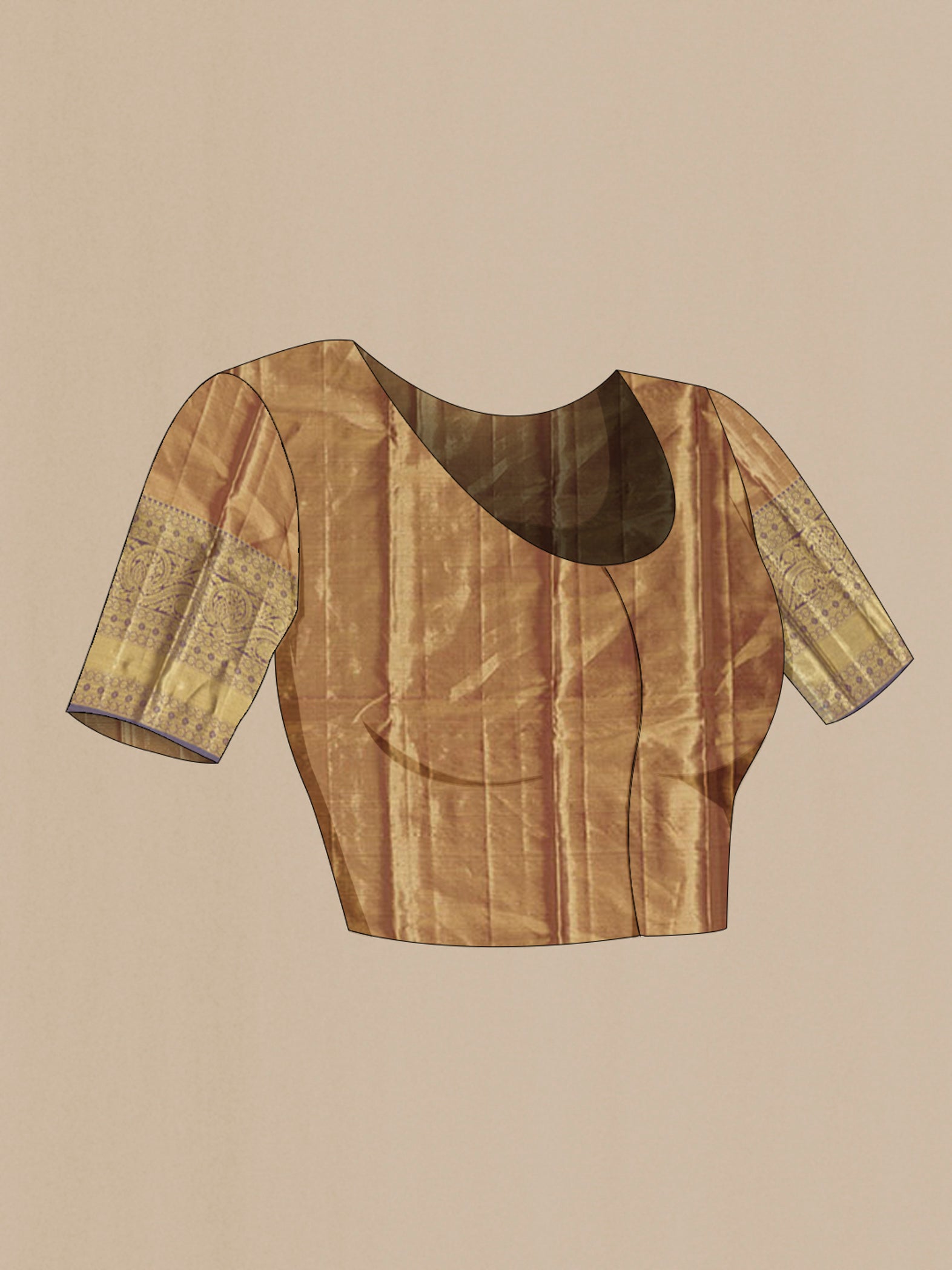 Close up image of the blouse of Golden Dual Tone Kanchipuram Tissue Silk Saree with Zari Brocade on the body and Zari Border. 