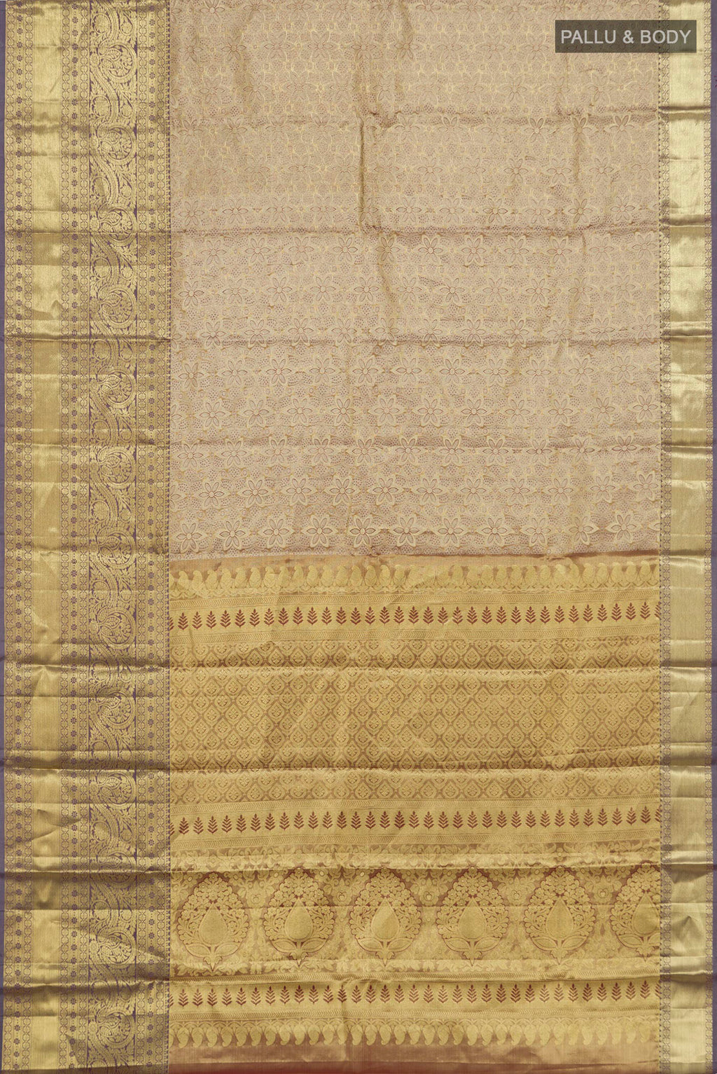 Flat view of Golden Dual Tone Kanchipuram Tissue Silk Saree with Zari Brocade on the body and Zari Border. 