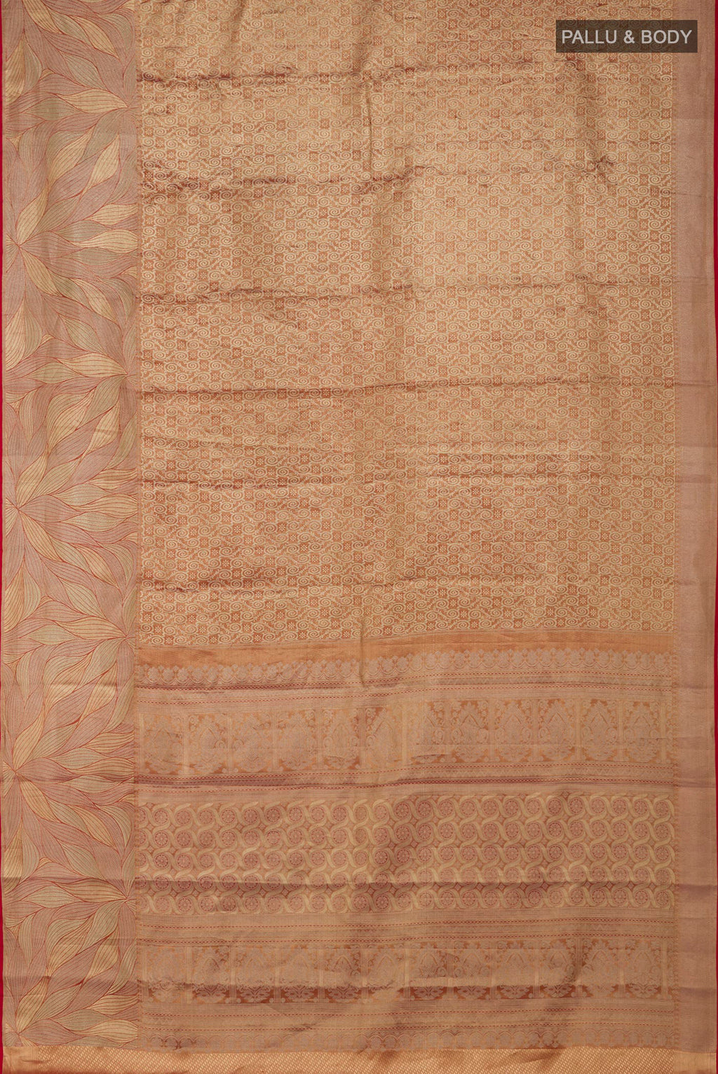 Flat view of Gold with Red Color Kanchipuram Tissue Silk Saree with Zari Brocade on the body and Fancy Border. 