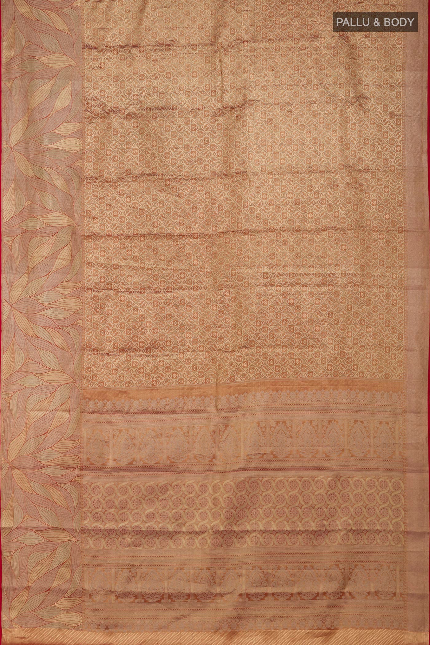 Flat view of Gold with Red Color Kanchipuram Tissue Silk Saree with Zari Brocade on the body and Fancy Border. 