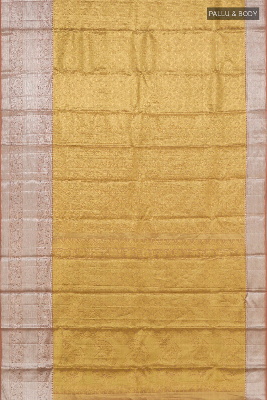 Flat view of Golden Kanchipuram Tissue Silk Saree with Zari Brocade on the body and Zari Border. 