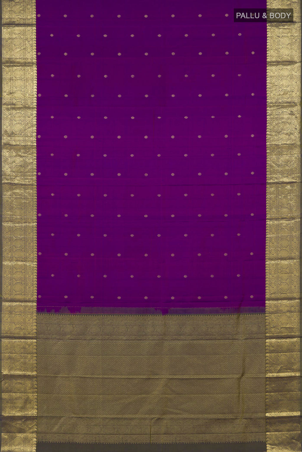 Flat view of Purple Kanchipuram Silk Saree with Zari Butta on the body and Zari Border. 