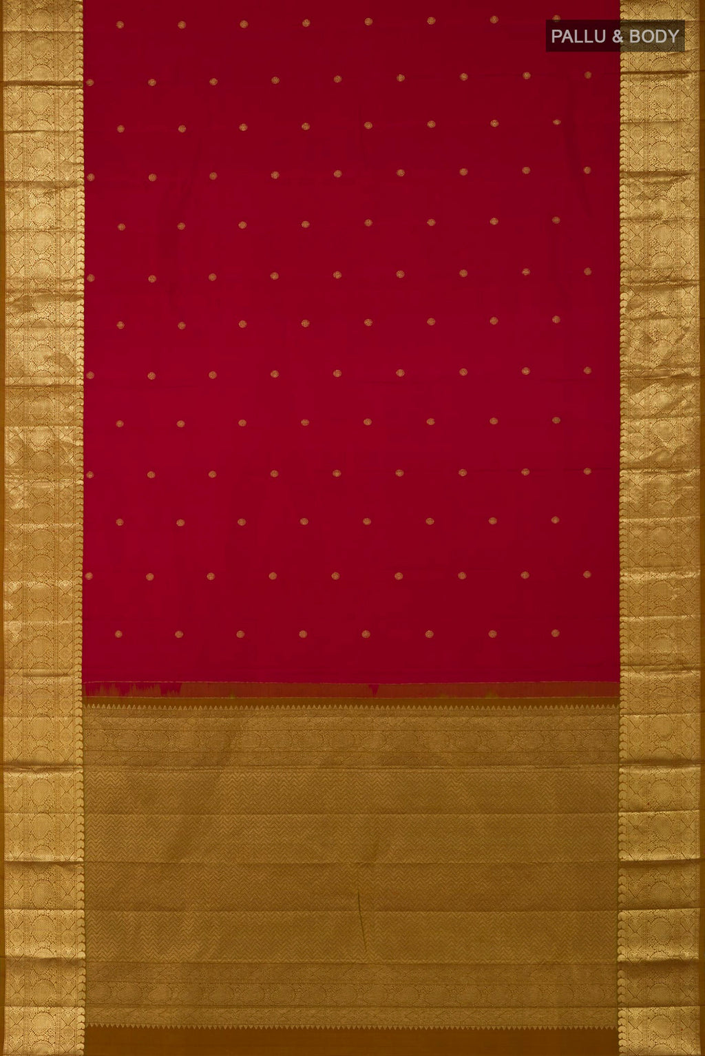 Flat view of Maroon Kanchipuram Saree with Zari Butta on the body and Zari Border. 