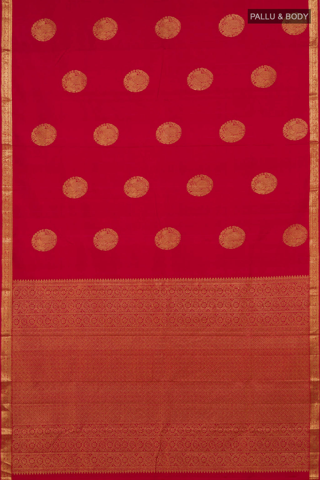 Flat view of Pure Silk Red Kanchipuram Saree with Zari Butta on the body and Zari Border. 