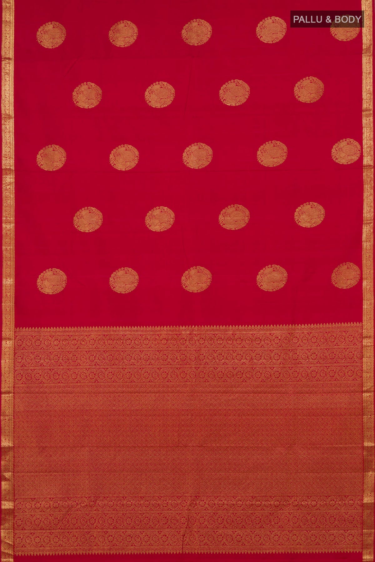 Flat view of Pure Silk Red Kanchipuram Saree with Zari Butta on the body and Zari Border. 