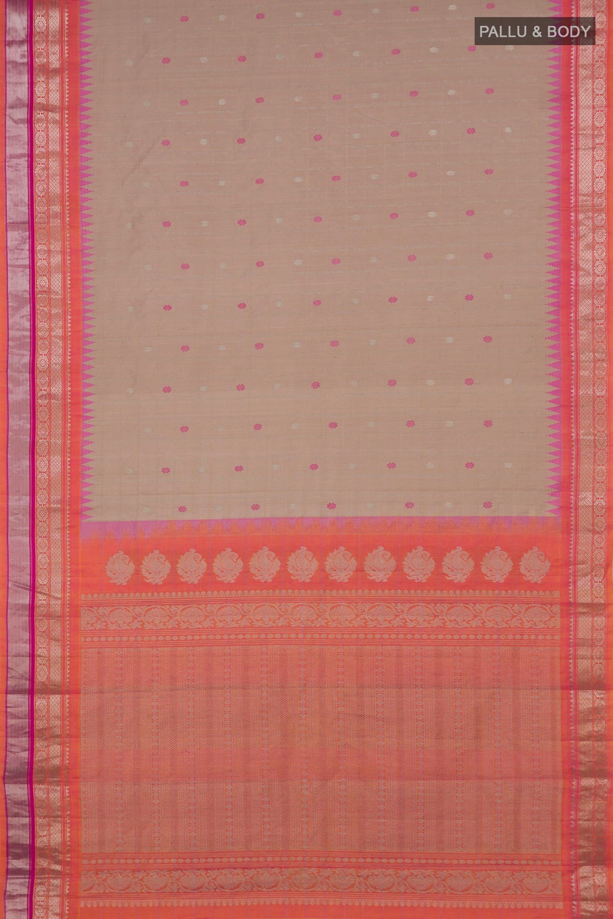 Flat view of Pure Silk Beige Gadwal Saree with Zari Butta on the body and Zari Border. 