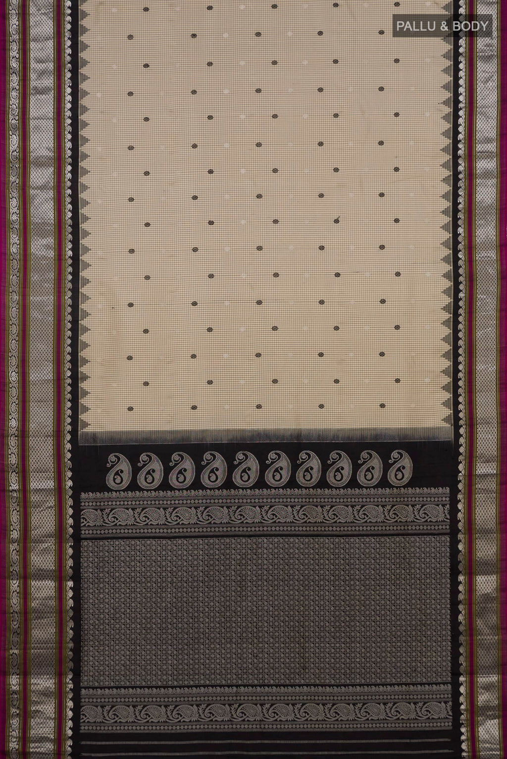 Flat view of Cream Gadwal Silk Saree with Checked design on the body and Zari Border. 