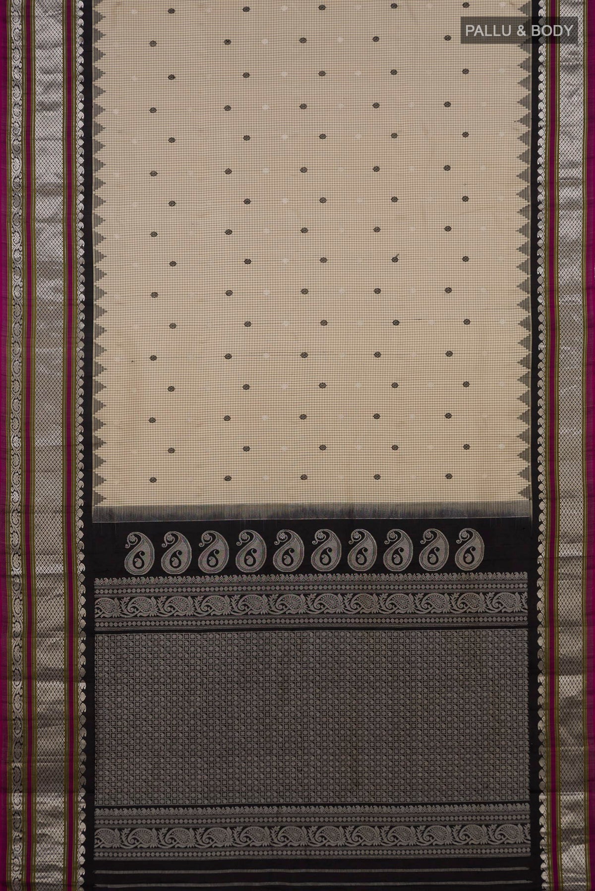 Flat view of Cream Gadwal Silk Saree with Checked design on the body and Zari Border. 