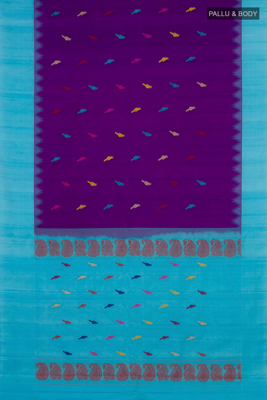 Flat view of Purple Gadwal Silk Saree with Thread Butta on the body and Temple Border. 