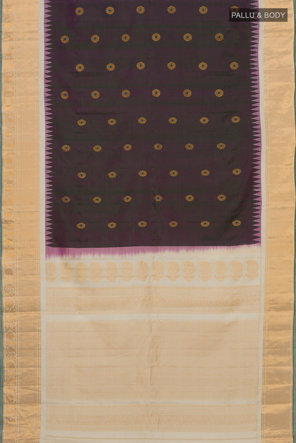 Flat view of Green Dual Tone Gadwal Silk Saree with Zari Butta on the body and Zari Border. 