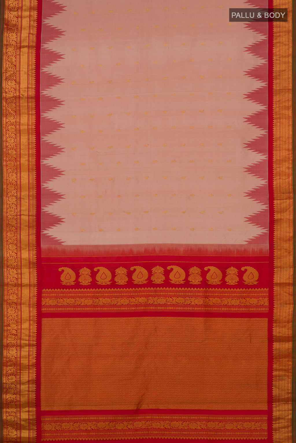 Flat view of Pure Silk Peach Gadwal Saree with Zari Butta on the body and Zari Border. 