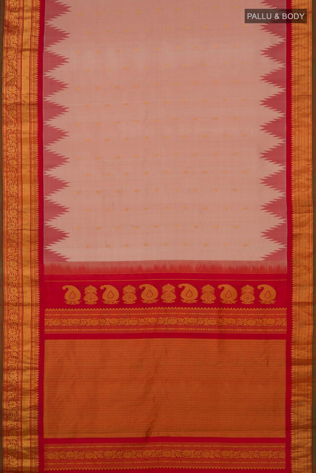 Flat view of Pure Silk Peach Gadwal Saree with Zari Butta on the body and Zari Border. 