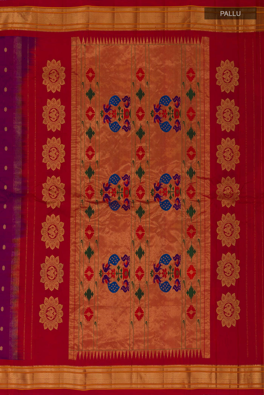Close up image of the pallu of Purple Gadwal Silk Saree with Zari Butta on the body and Zari Border. 