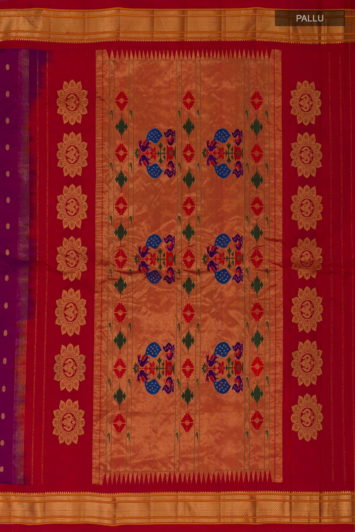 Close up image of the pallu of Purple Gadwal Silk Saree with Zari Butta on the body and Zari Border. 