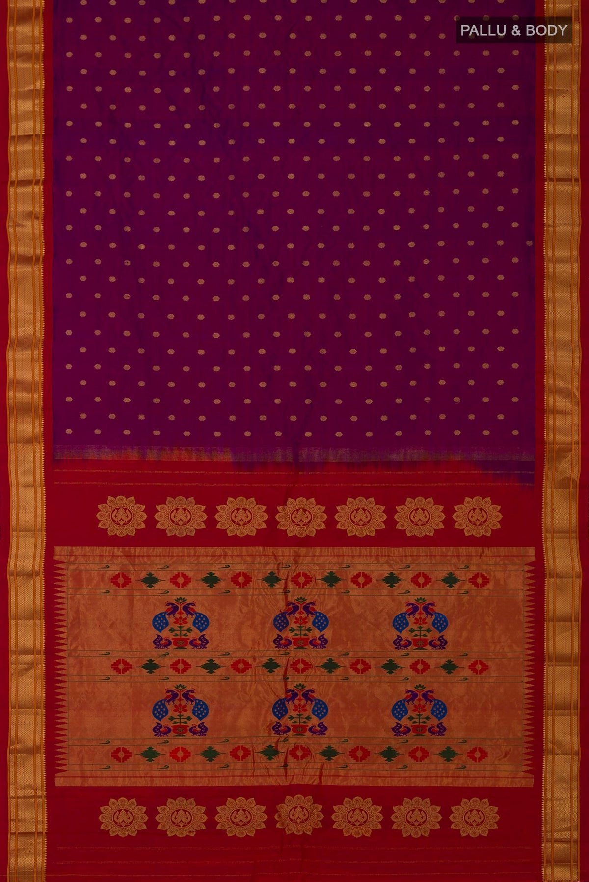 Flat view of Purple Gadwal Silk Saree with Zari Butta on the body and Zari Border. 
