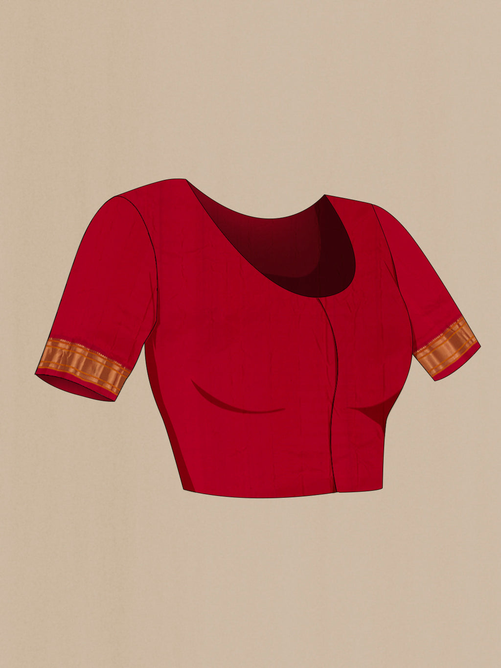 Close up image of the blouse of Red Gadwal Silk Saree with Zari Butta on the body and Zari Border. 
