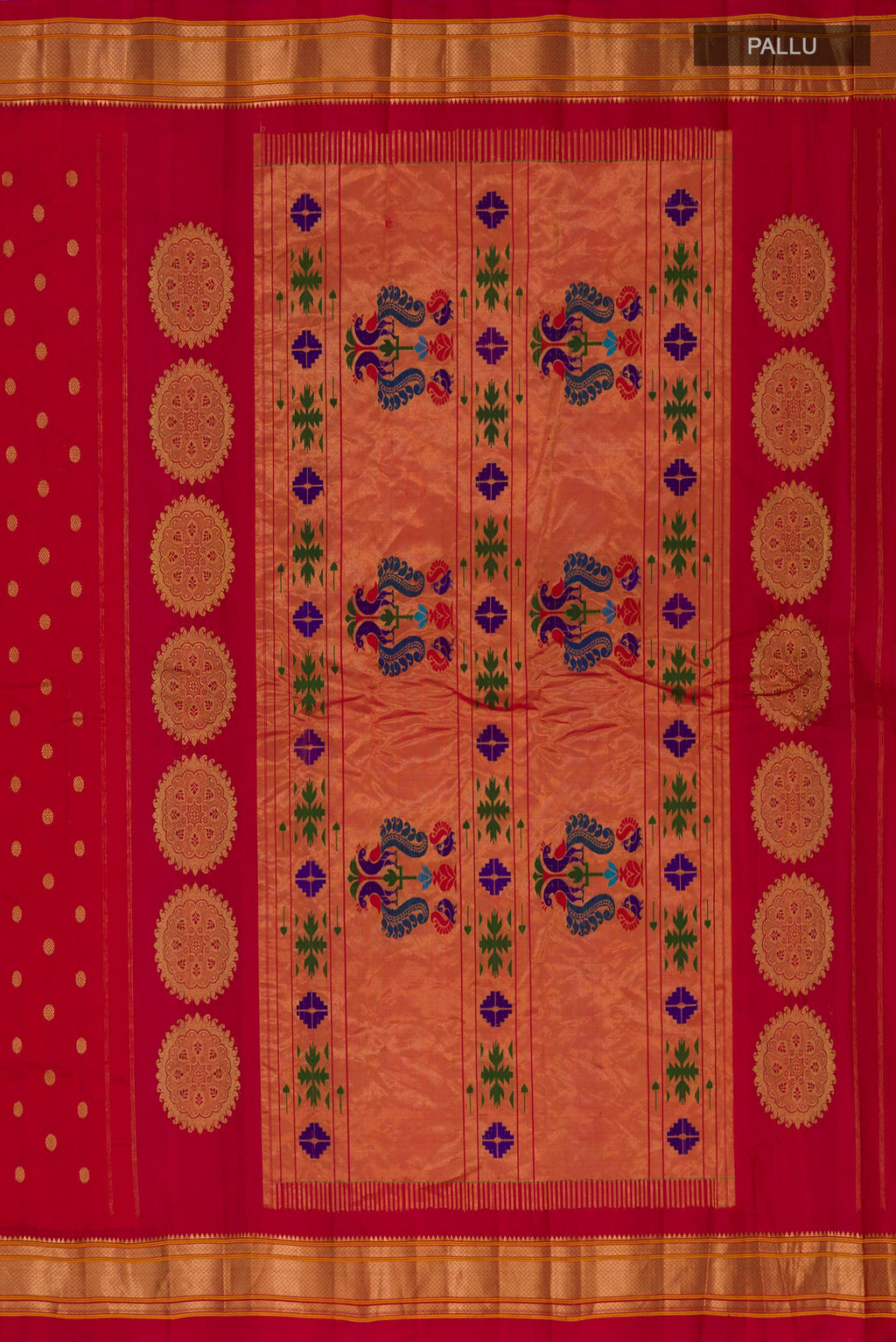 Close up image of the pallu of Red Gadwal Silk Saree with Zari Butta on the body and Zari Border. 