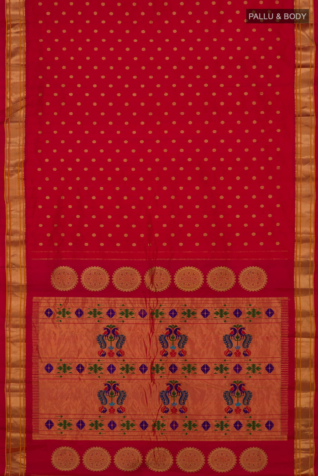 Flat view of Red Gadwal Silk Saree with Zari Butta on the body and Zari Border. 