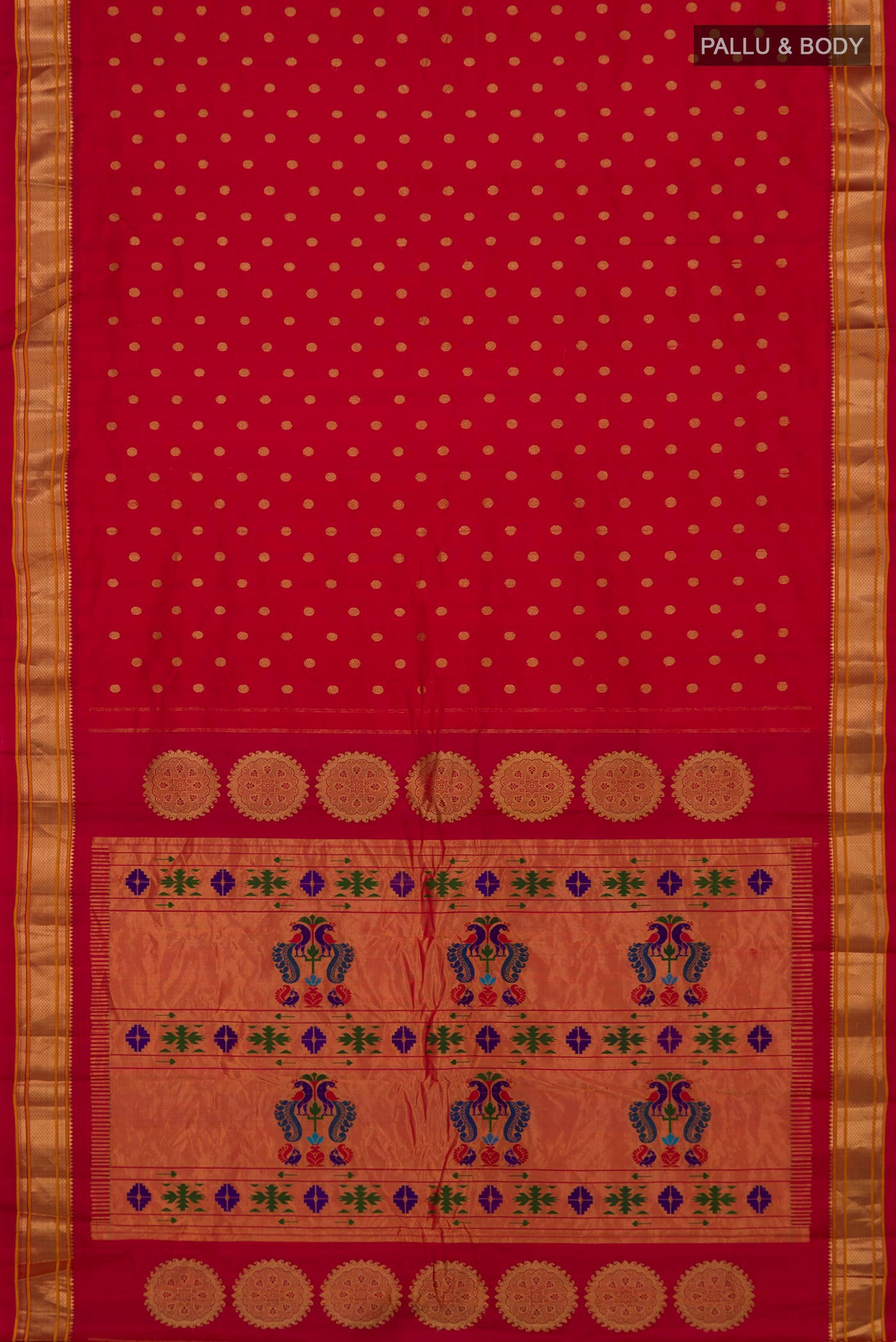 Flat view of Red Gadwal Silk Saree with Zari Butta on the body and Zari Border. 
