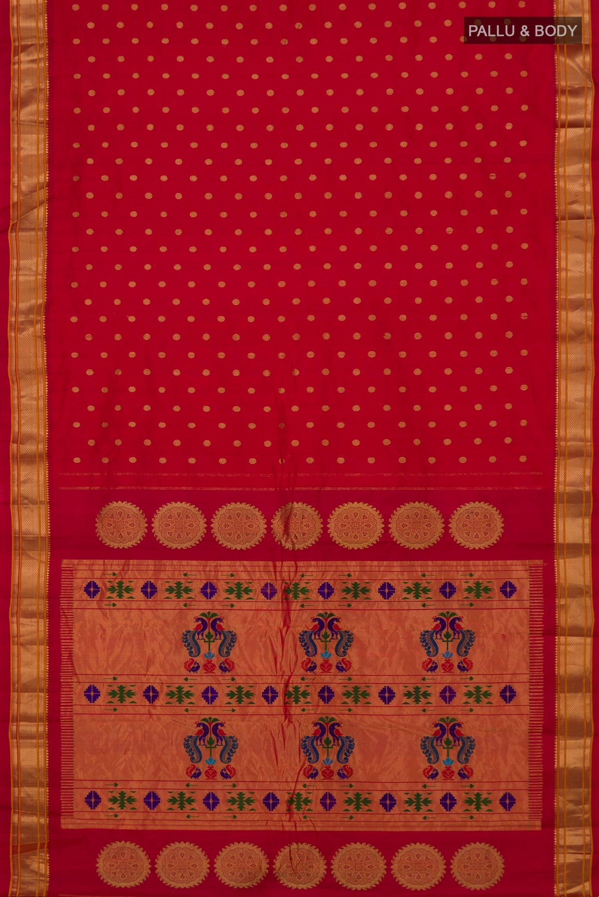 Flat view of Red Gadwal Silk Saree with Zari Butta on the body and Zari Border. 