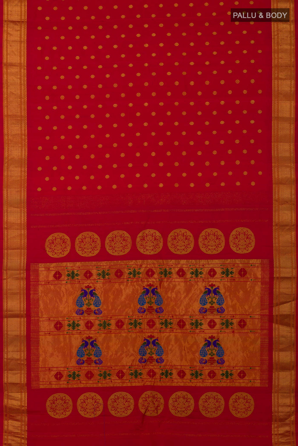 Flat view of Red Gadwal Silk Saree with Zari Butta on the body and Zari Border. 