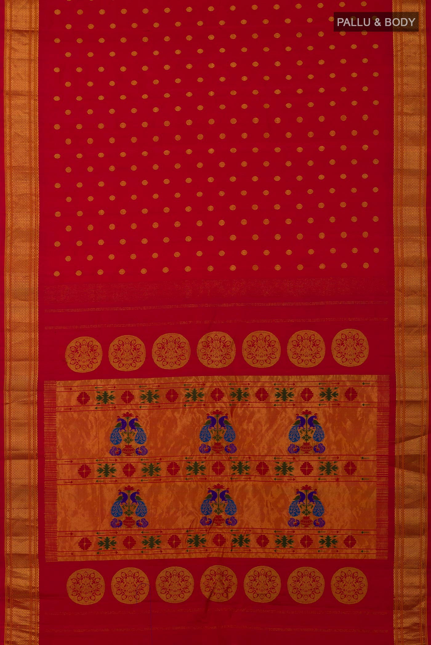 Flat view of Red Gadwal Silk Saree with Zari Butta on the body and Zari Border. 