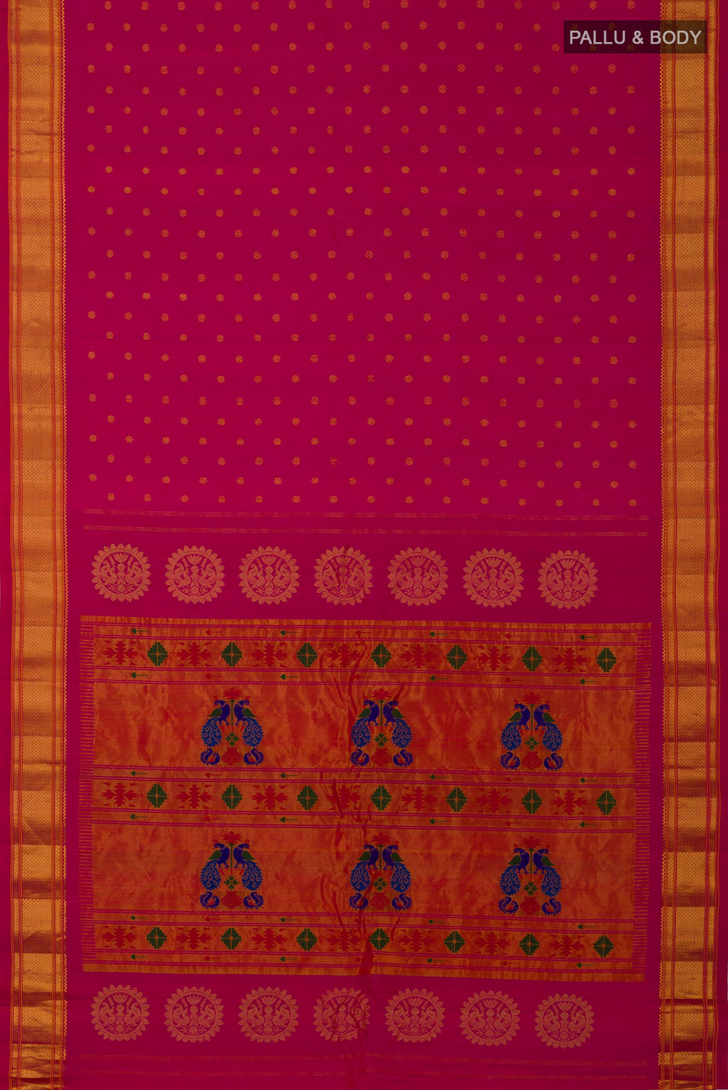 Flat view of Pink Gadwal Silk Saree with Zari Butta on the body and Zari Border. 