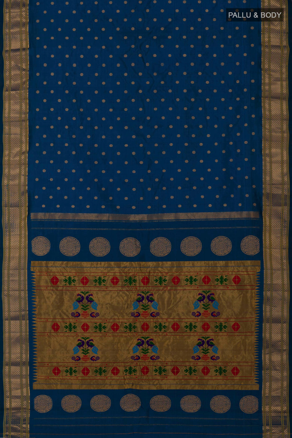 Flat view of Blue Gadwal Silk Saree with Zari Butta on the body and Zari Border. 
