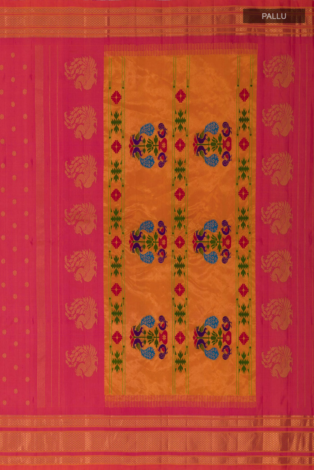 Close up image of the pallu of Orange Dual Tone Gadwal Silk Saree with Zari Butta on the body and Zari Border. 