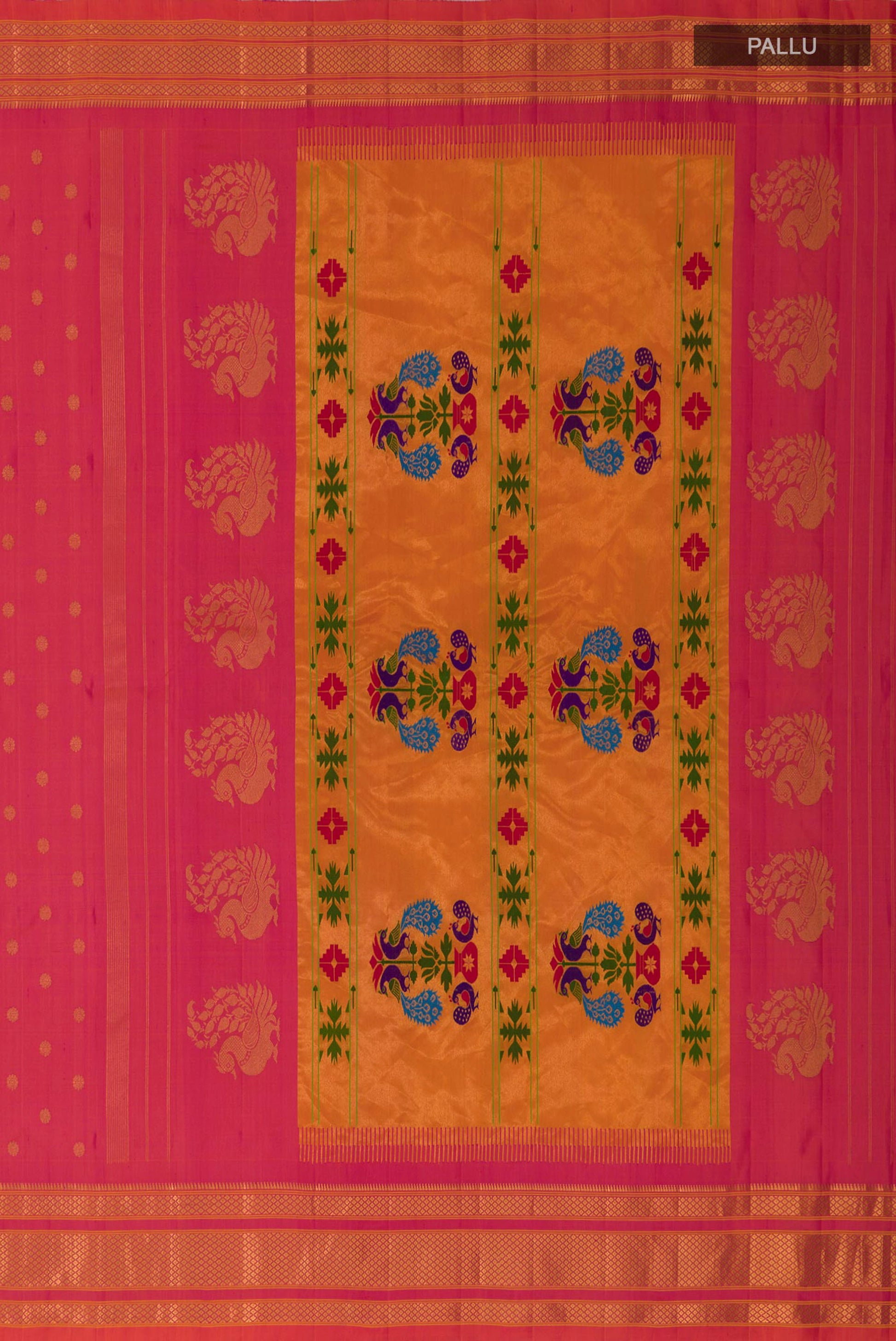 Close up image of the pallu of Orange Dual Tone Gadwal Silk Saree with Zari Butta on the body and Zari Border. 