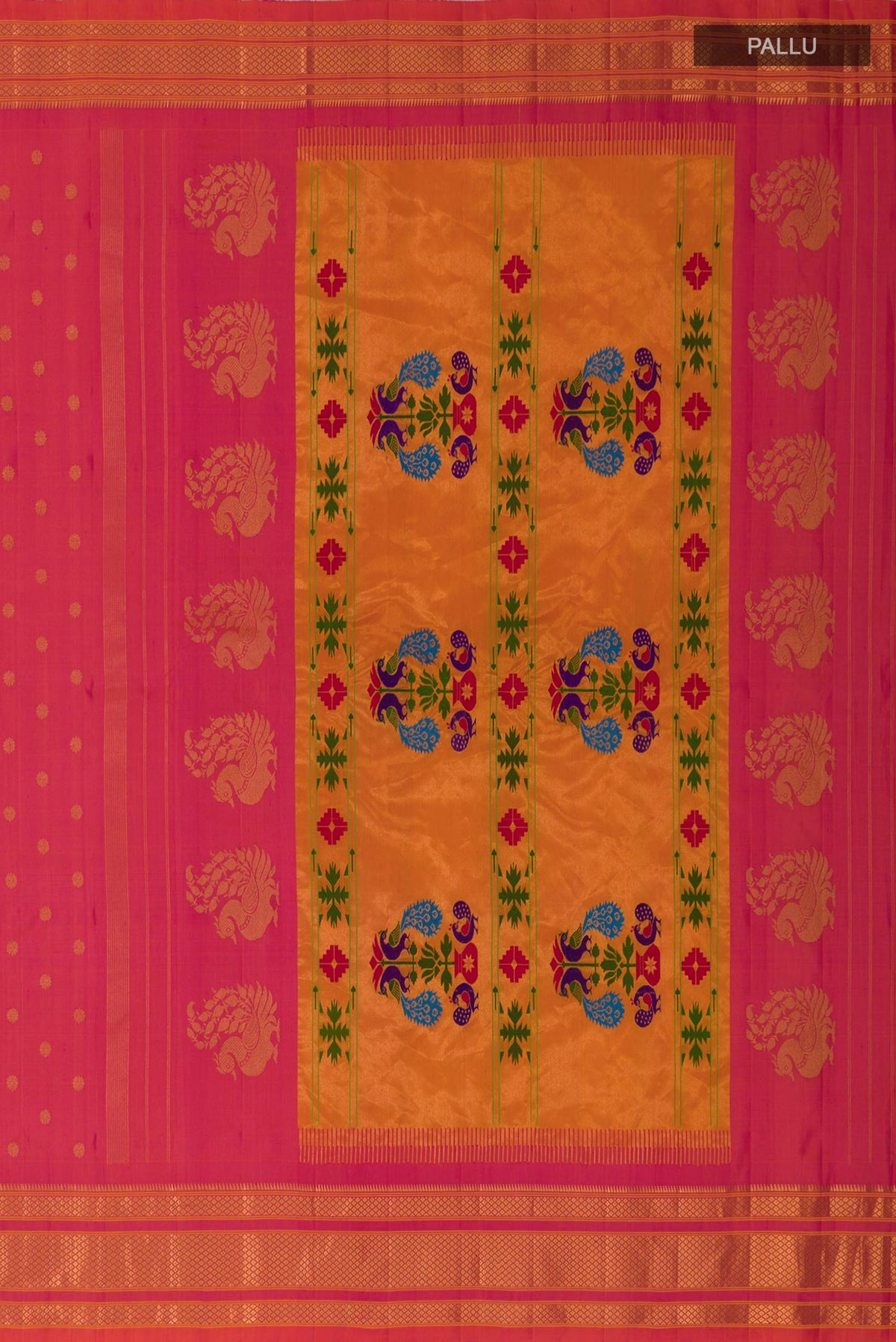 Close up image of the pallu of Orange Dual Tone Gadwal Silk Saree with Zari Butta on the body and Zari Border. 