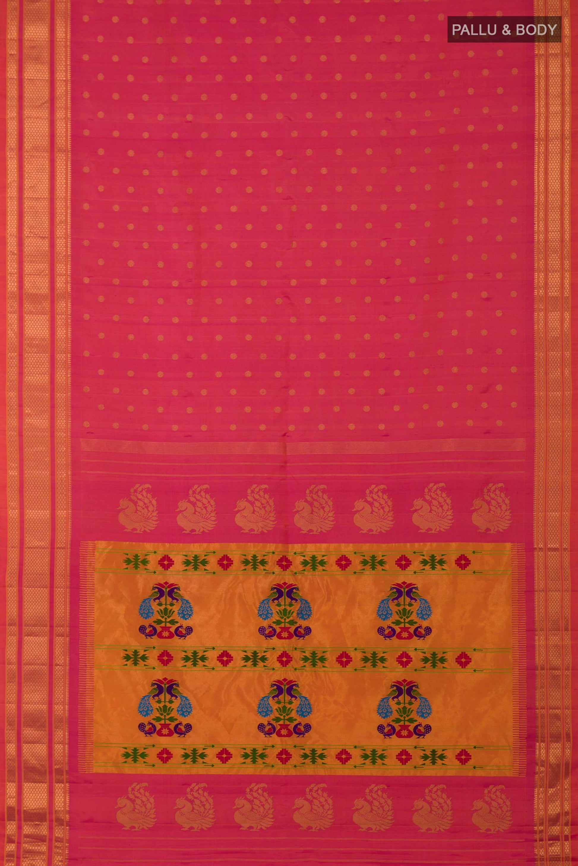 Flat view of Orange Dual Tone Gadwal Silk Saree with Zari Butta on the body and Zari Border. 