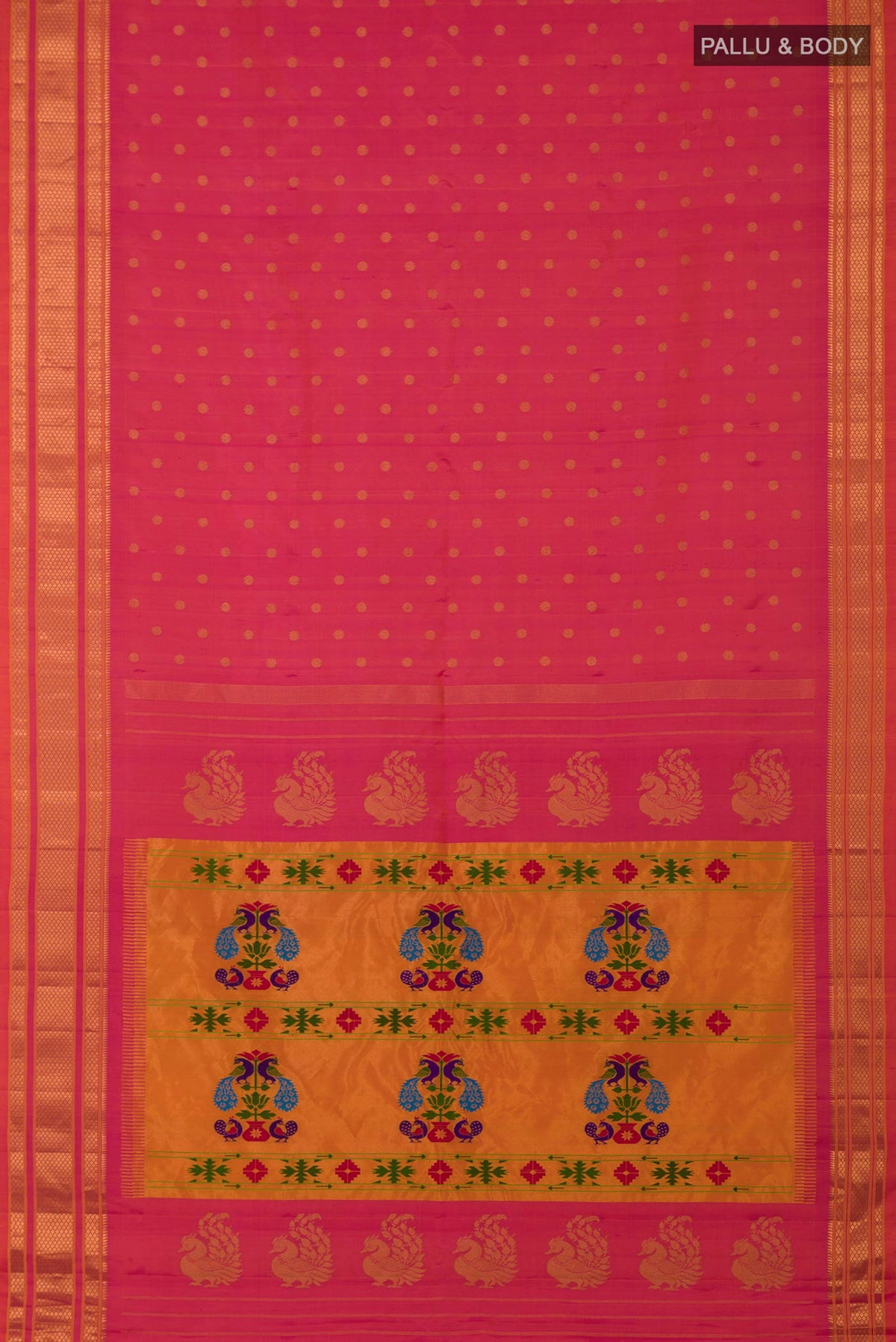 Flat view of Orange Dual Tone Gadwal Silk Saree with Zari Butta on the body and Zari Border. 