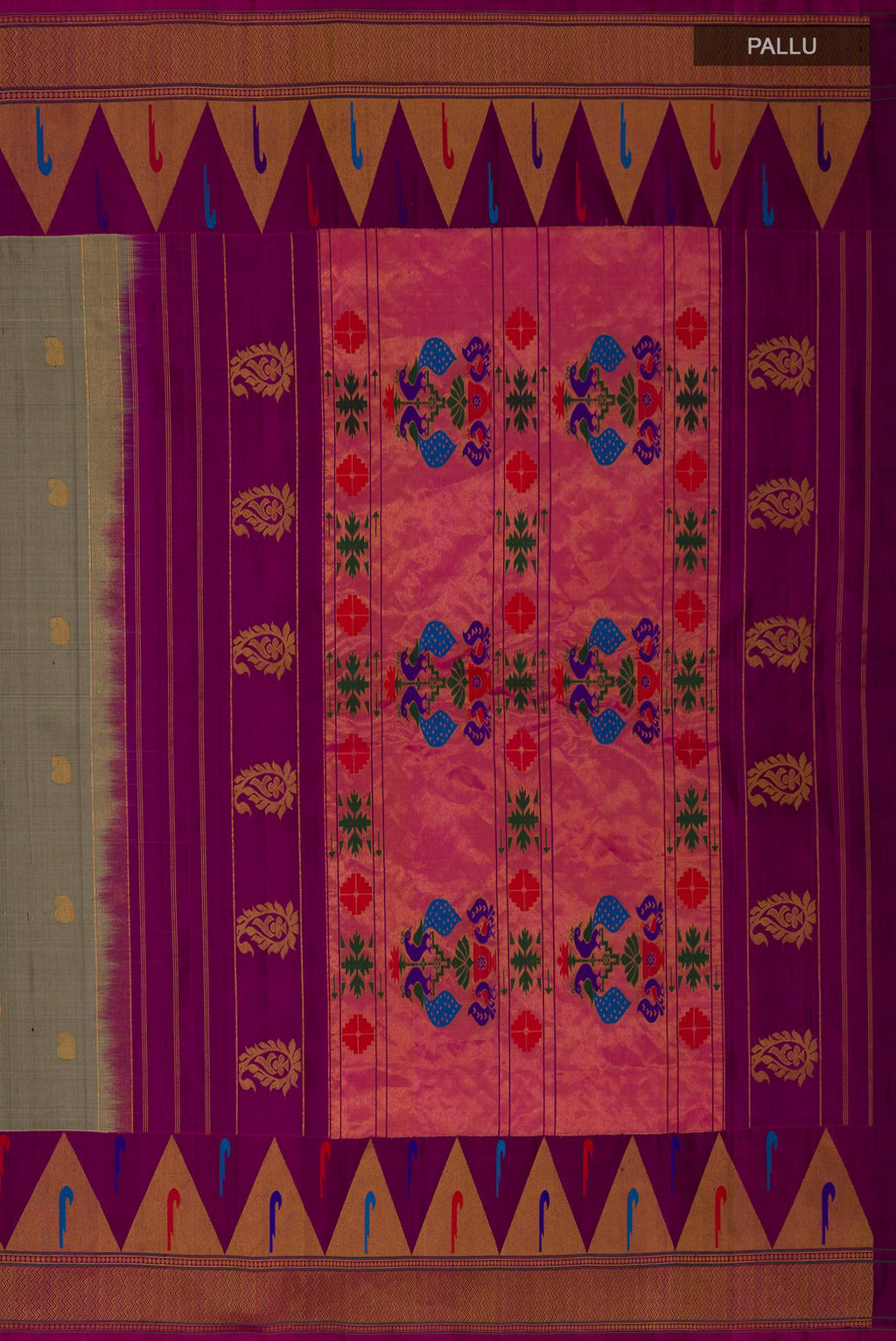 Close up image of the pallu of Grey Gadwal Silk Saree with Zari Butta on the body and Fancy Border. 