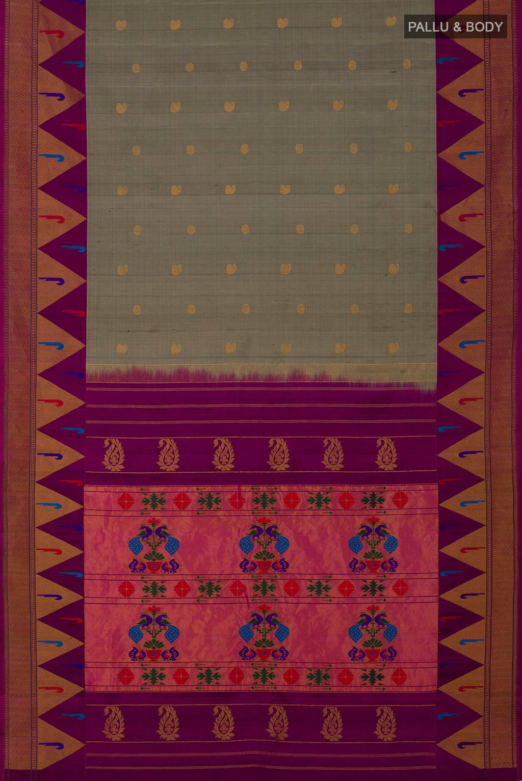 Flat view of Grey Gadwal Silk Saree with Zari Butta on the body and Fancy Border. 